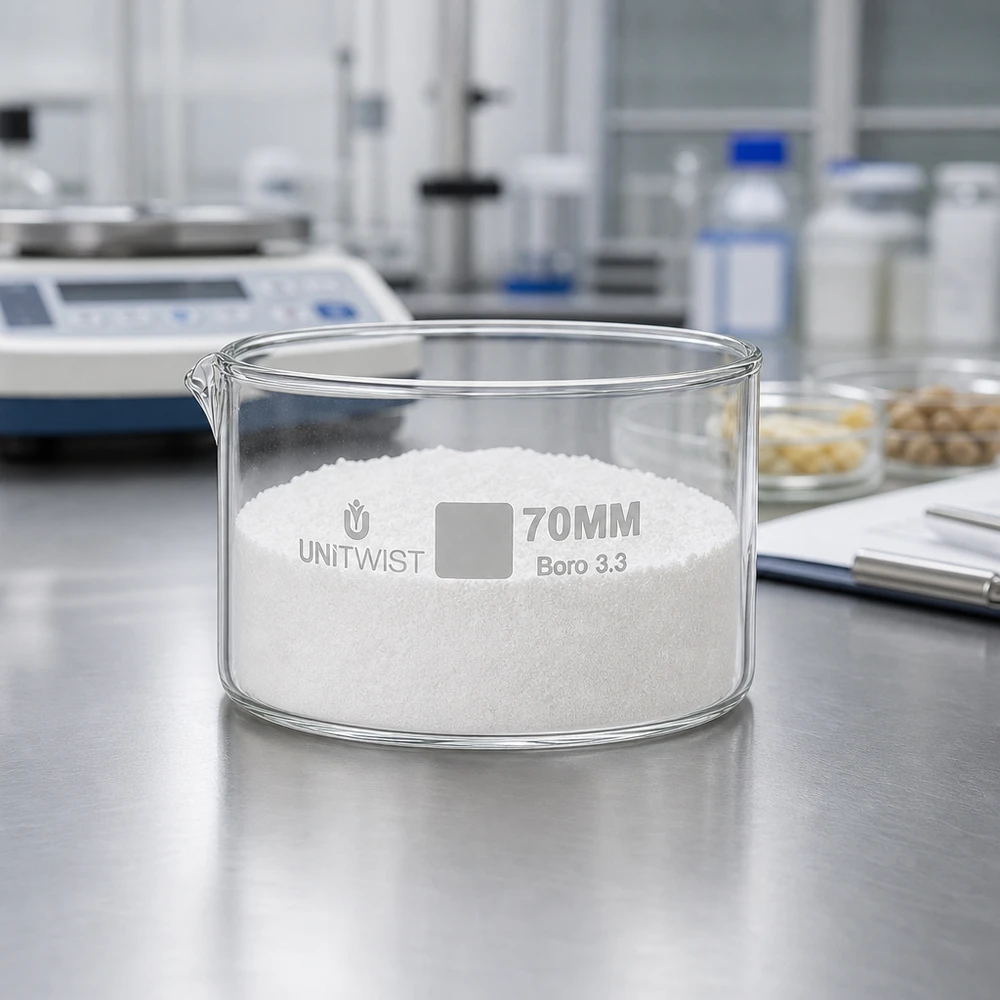 Bandeja de cristalização UNiTWIST de 70 mm, em Boro 3.3, cheia de pó branco, sobre uma mesa de laboratório em aço inoxidável