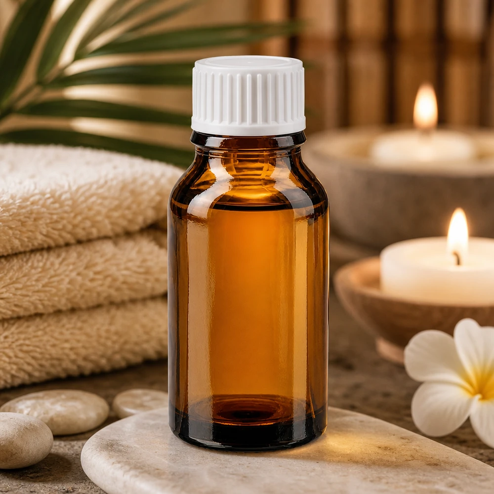 Frasco de farmácia castanho 15ml tampa de rosca branca standard Frasco de farmácia cor de âmbar de 15 ml com tampa de rosca branca, num ambiente de spa com velas
