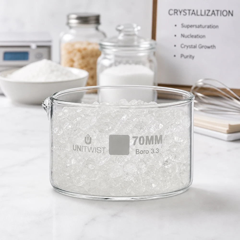 Prato de cristalização ø70mm vidro borossilicato UNiTWIST Taça de cristalização de 70 mm UNiTWIST Boro 3.3, cheia de cristais brancos, sobre uma superfície de mármore