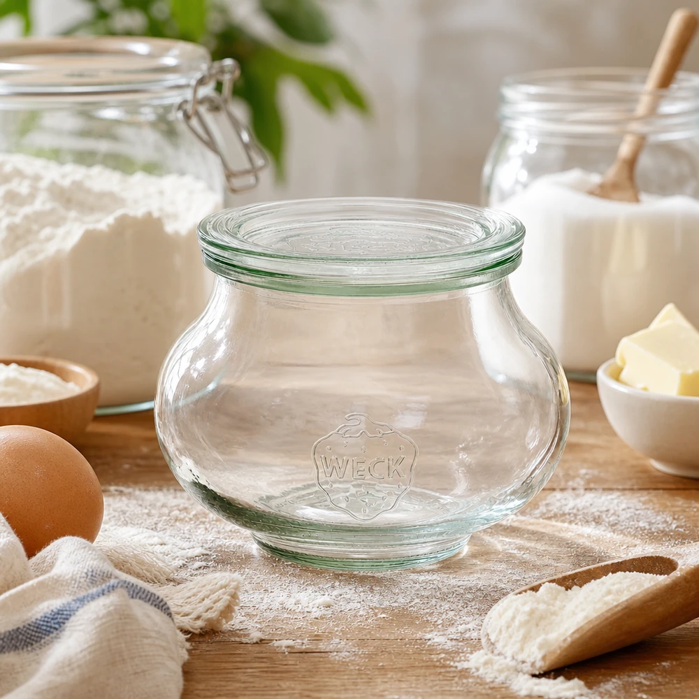 Frasco decorativo WECK 560ml RR80 vazio na cozinha de pastelaria entre farinha, ovos e ingredientes de pastelaria para guardar ingredientes