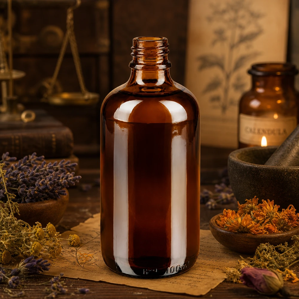 Frasco de farmácia castanho ApoGlas de 100 ml com ervas medicinais secas e almofariz em farmácia tradicional de ervas