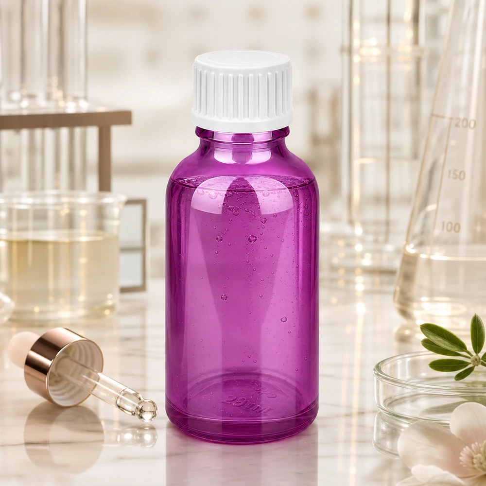 Frasco de 30 ml (glóbulo). Anel de enchimento de 3 mm branco Standard PurpleLine. UT18/30 Frasco violeta de farmácia 30ml em vidro de alta qualidade com tampa de rosca à prova de crianças