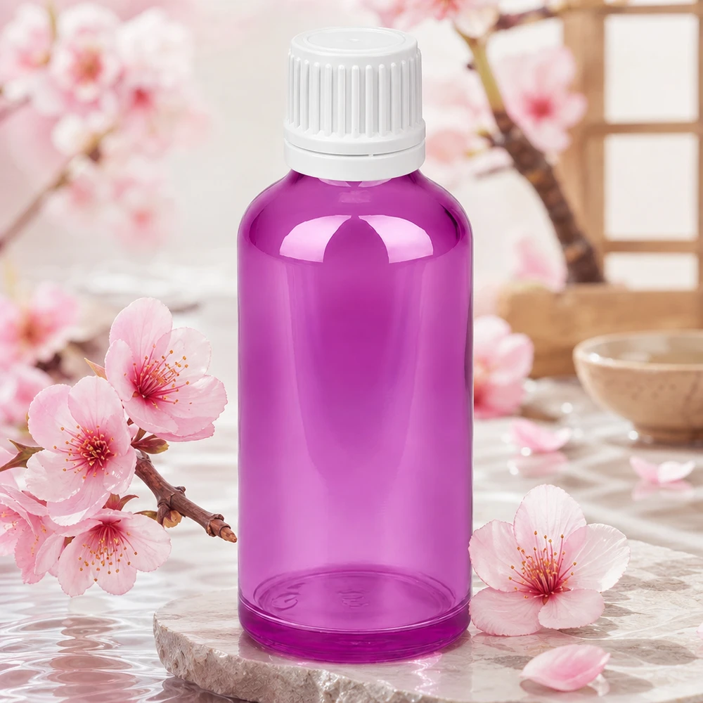Frasco elegante de 50 ml em vidro violeta com abertura de 11 mm para uma dosagem precisa