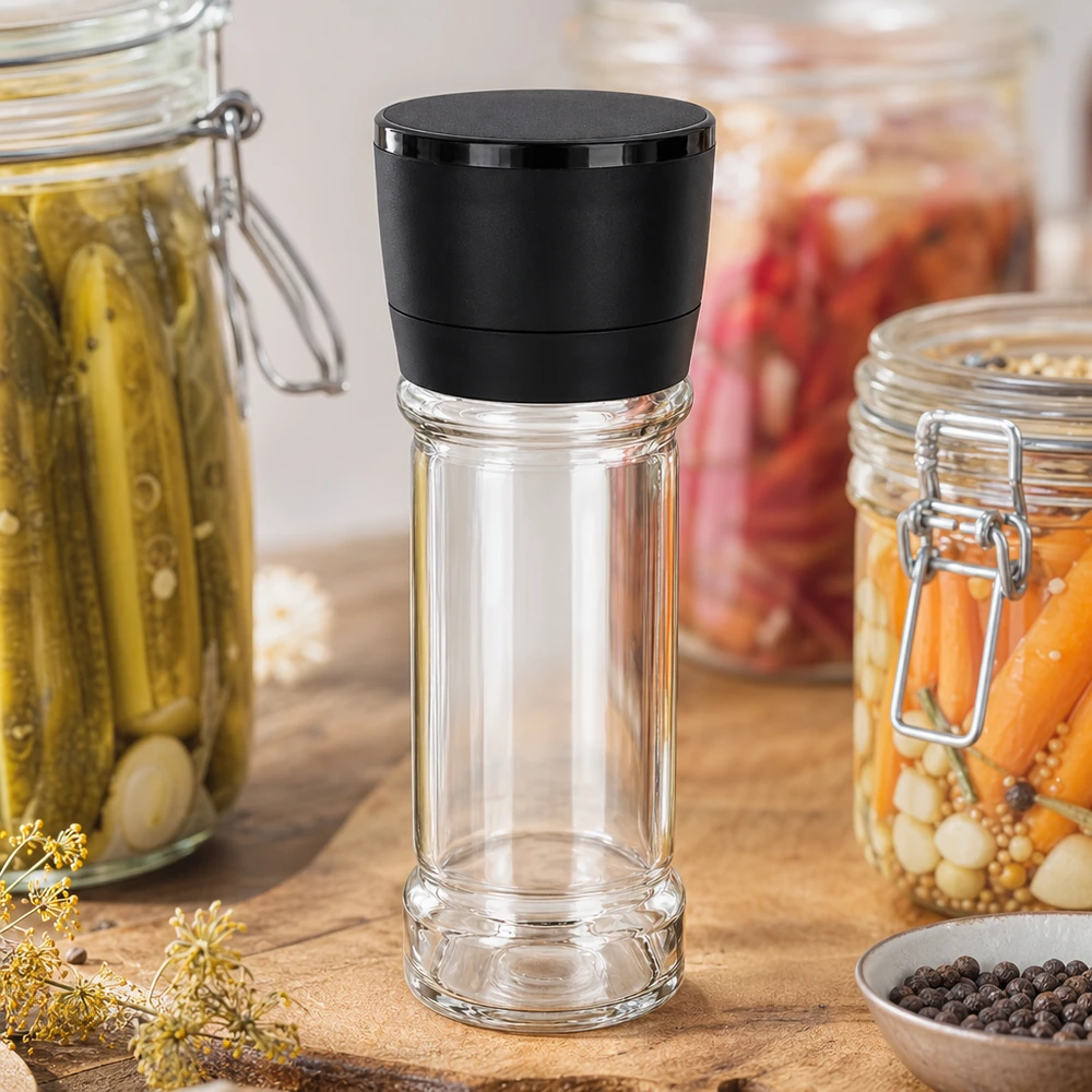 Frasco para sal/especiarias de 100 ml com moinho Vario preto Frasco de especiarias vazio de 100 ml com moinho preto Vario, em frente a legumes em conserva em frascos de conserva