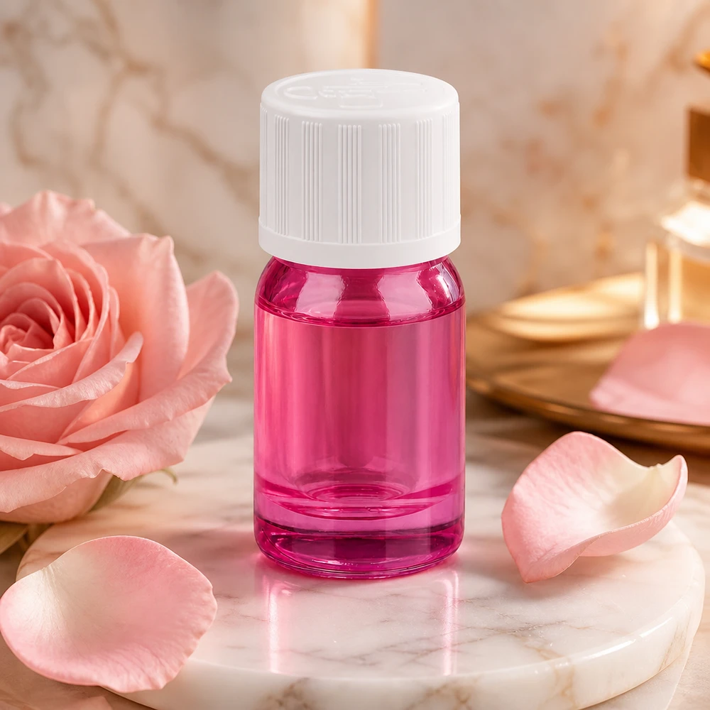 Frasco compacto de vidro violeta de 5 ml com fecho de segurança para crianças, ideal para perfumes e essências