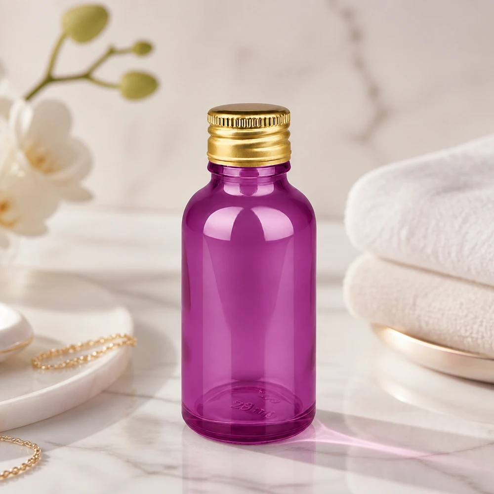 Frasco de vidro roxo de 30 ml com superfície brilhante e tampa de alumínio dourada para soros de alta qualidade
