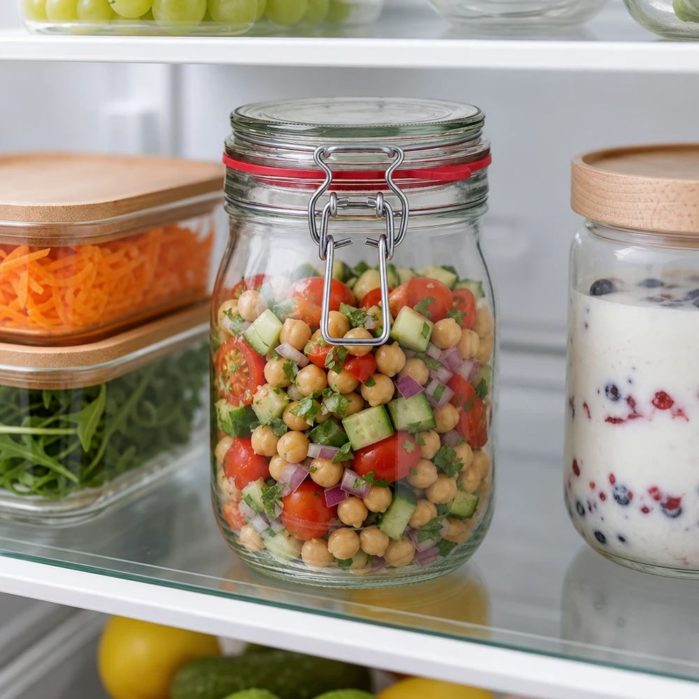 Frasco de vidro de 1140 ml com tampa basculante para saladas e preparação de refeições no frigorífico