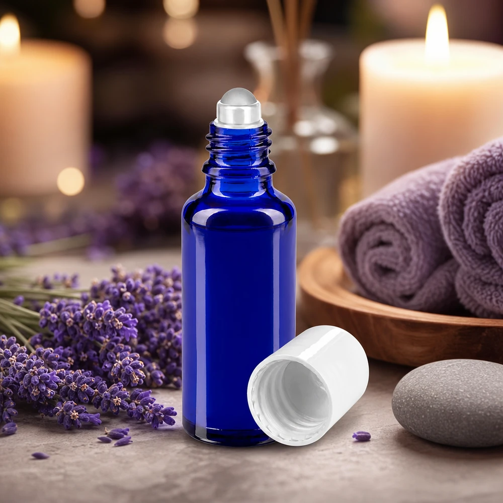 Frasco roll-on de 30 ml em vidro farmacêutico azul cobalto com tampa padrão branca