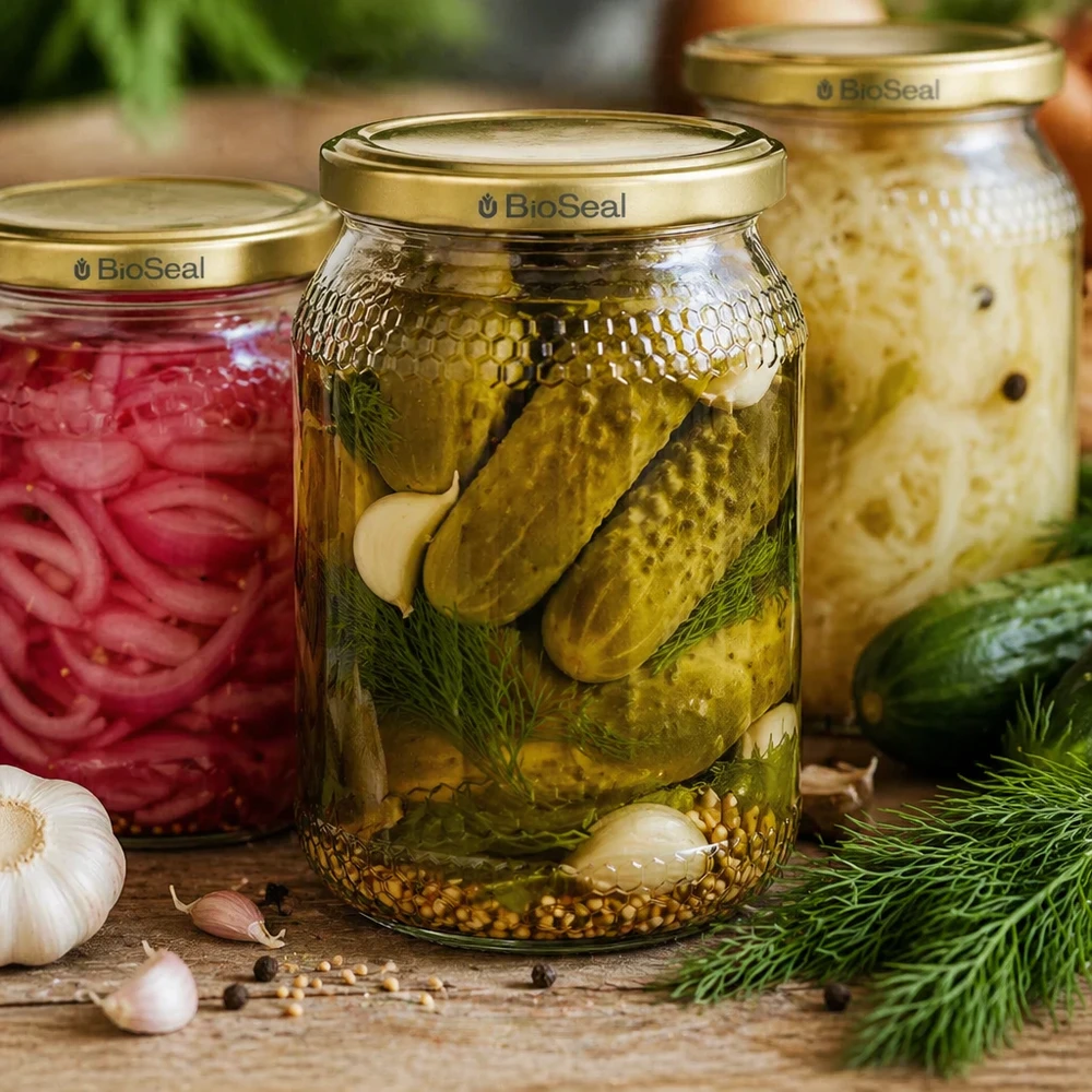 Frasco de mel de 900 ml com tampa BioSeal dourada para conservar pepinos cebolas chucrute frasco para conservar cozinha de fermentação