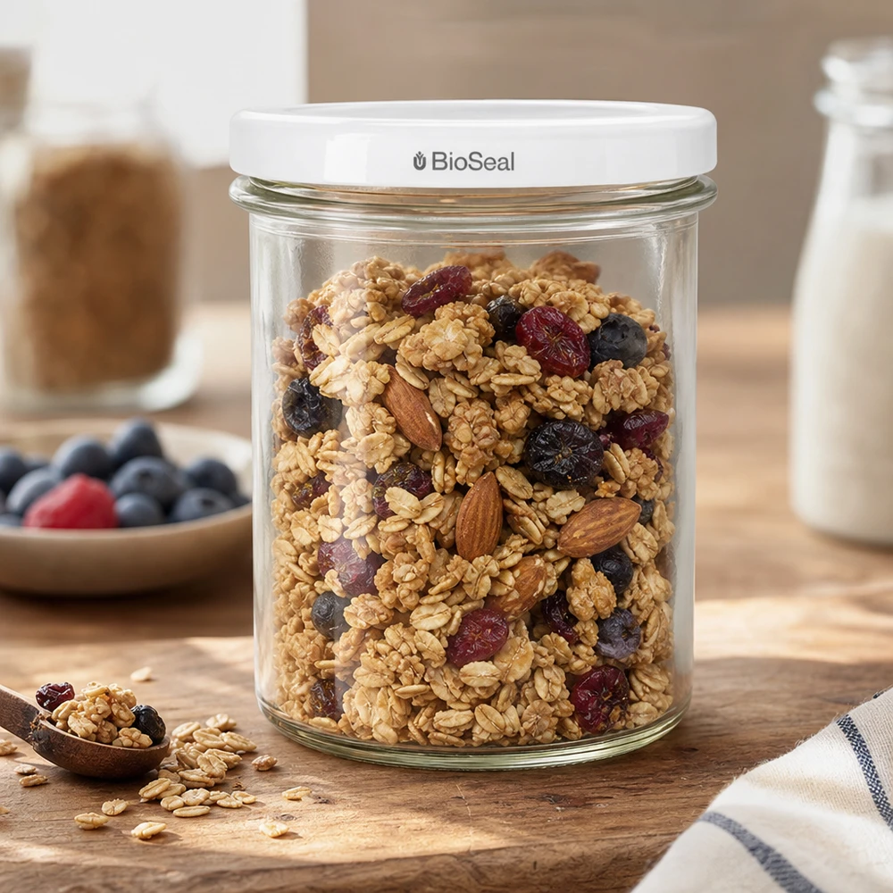 O frasco de armazenamento UNiTWIST Sturz350 cheio de muesli mostra a utilização prática da tampa branca TO82 BioSeal na cozinha