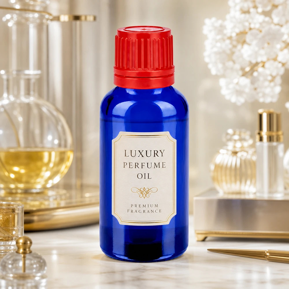 Frasco conta-gotas premium de 30 ml com rosca UT18/30 em vidro azul elegante para produtos de luxo