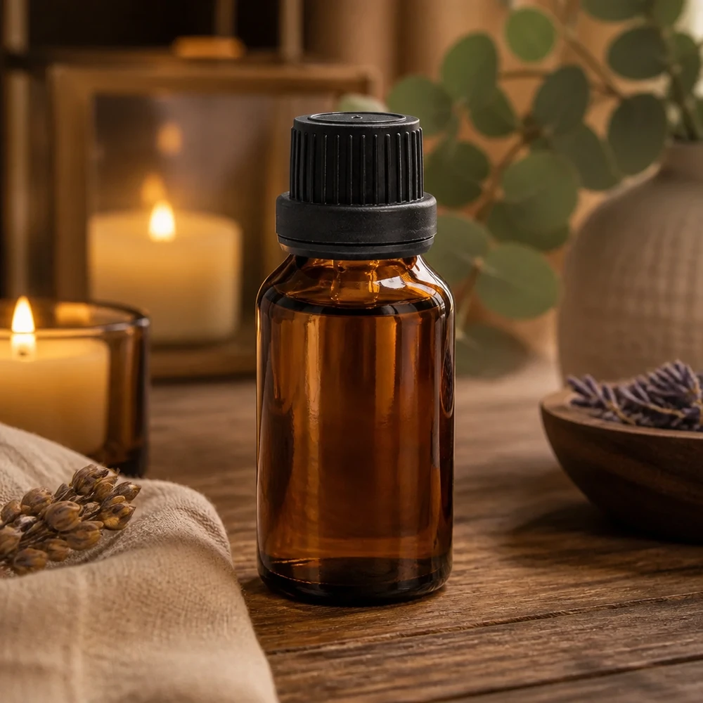Garrafa de vidro castanha de 15 ml com tampa de segurança para crianças preta, ao lado de velas e lavanda