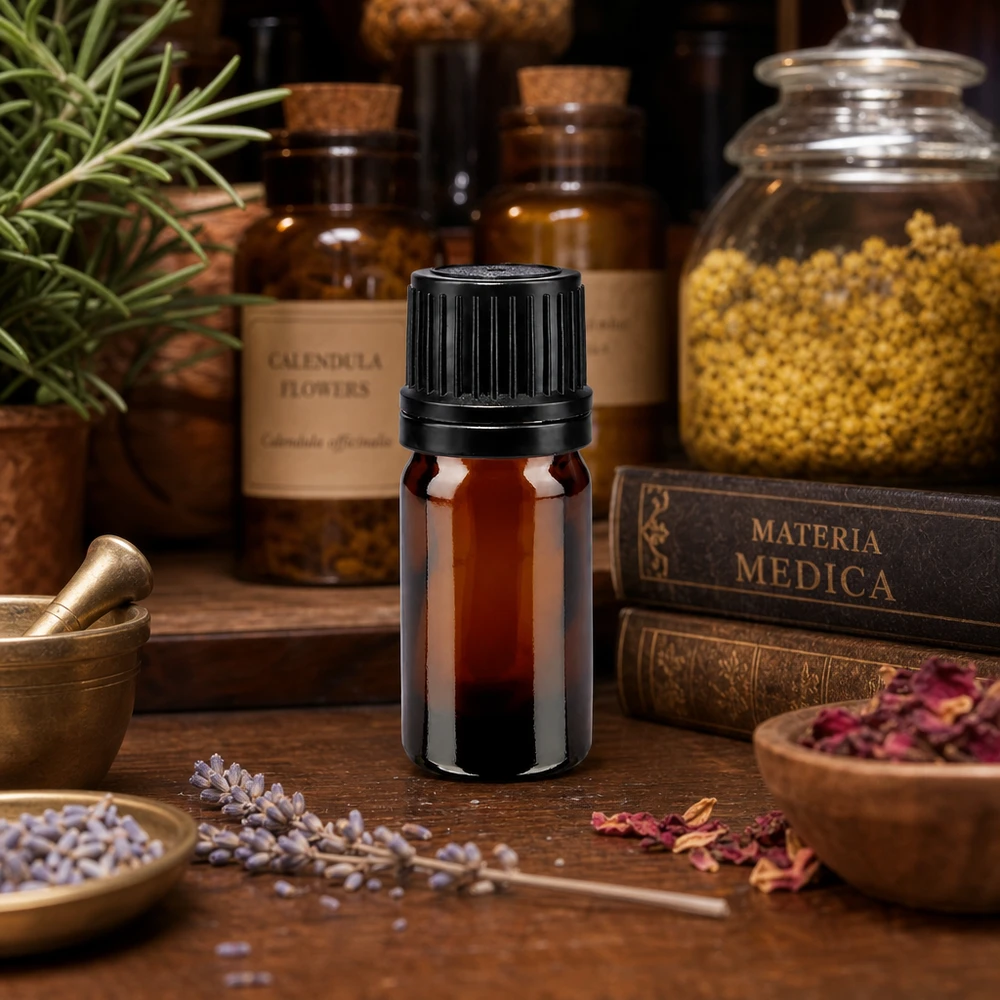 Frasco de farmácia castanho 5ml tampa de rosca preta anel de vazamento fecho inviolável Frasco de 5 ml na cor âmbar com tampa de segurança para crianças preta, entre as ervas medicinais e a Matéria Médica