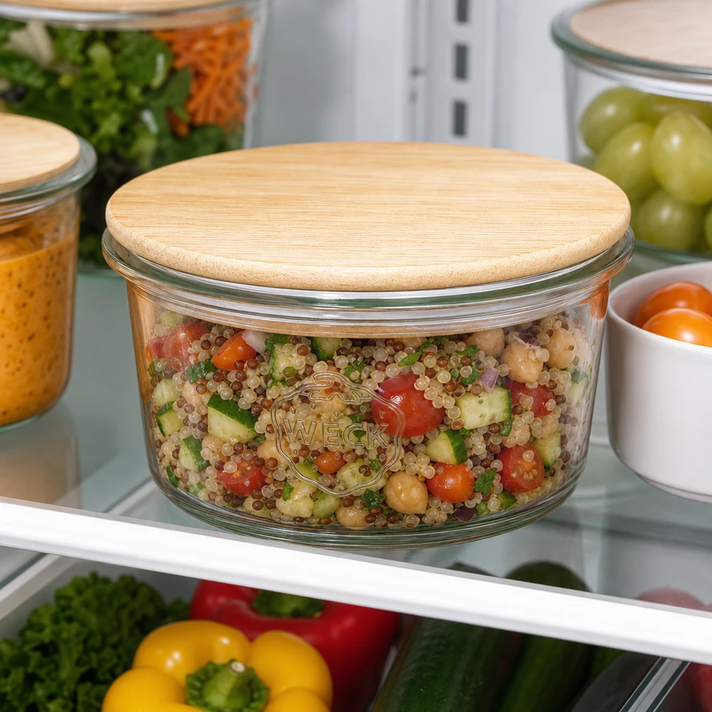 Mini copos de vidro de 50ml WECK RR60 com tampa de madeira WECK Mini Sturzglas 50ml mit Quinoa-Salat gefüllt im Kühlschrank - perfekt für Meal Prep und gesunde Vorratshaltung