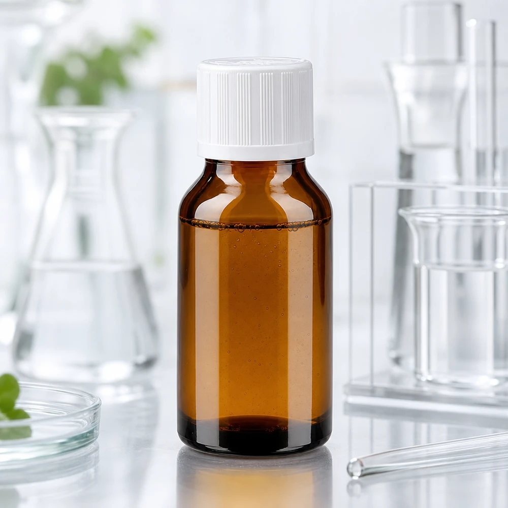 Frasco de farmácia de 15 ml em vidro castanho com tampa de segurança infantil branca, com um fundo de laboratório