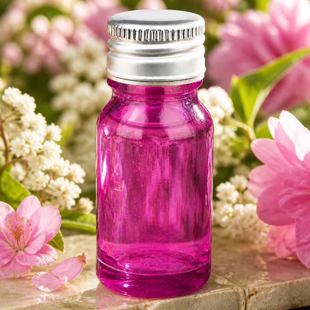 Frasco de 10ml com tampa de rosca de 11mm em alumínio-prata padrão PurpleLine.UT18/10 Frasco elegante de 10 ml em violeta radiante com tampa em alumínio prateado de alta qualidade