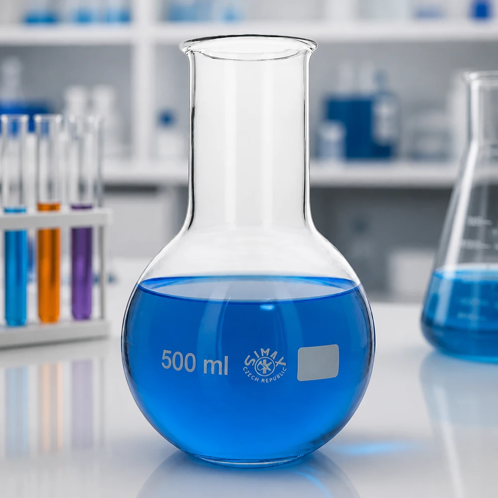 Frasco de laboratório de 500 ml com abertura ampla e base estável para fácil enchimento