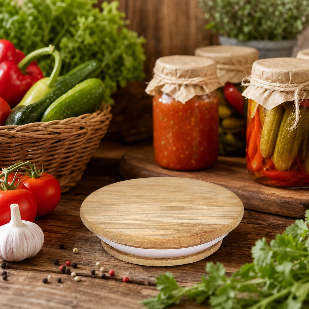 Tampa de madeira (faia) sem impressão para WECK RR60 Tampa de madeira WECK RR60 num cenário de cozinha rústica com legumes em conserva e ingredientes frescos numa mesa de madeira