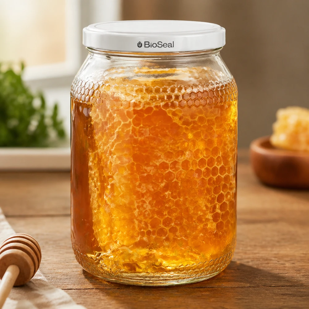 Frasco de mel de 900 ml com tampa BioSeal cheio de favo de mel em cima de uma mesa de madeira ao lado de uma colher de mel numa cozinha quente