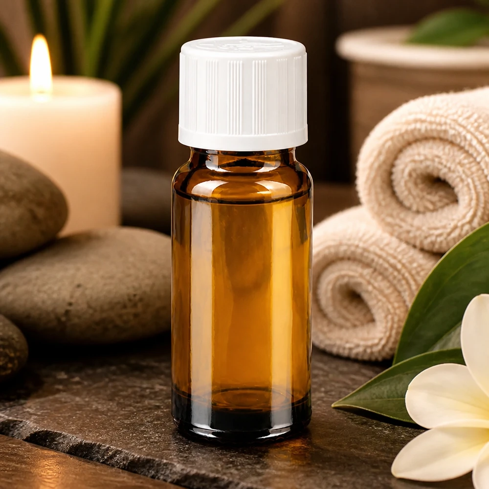 Frasco de farmácia castanho 10ml tampa de rosca branca resistente a crianças standard Frasco de farmácia castanho de 10 ml com tampa de segurança para crianças branca, sobre um fundo de spa com uma vela