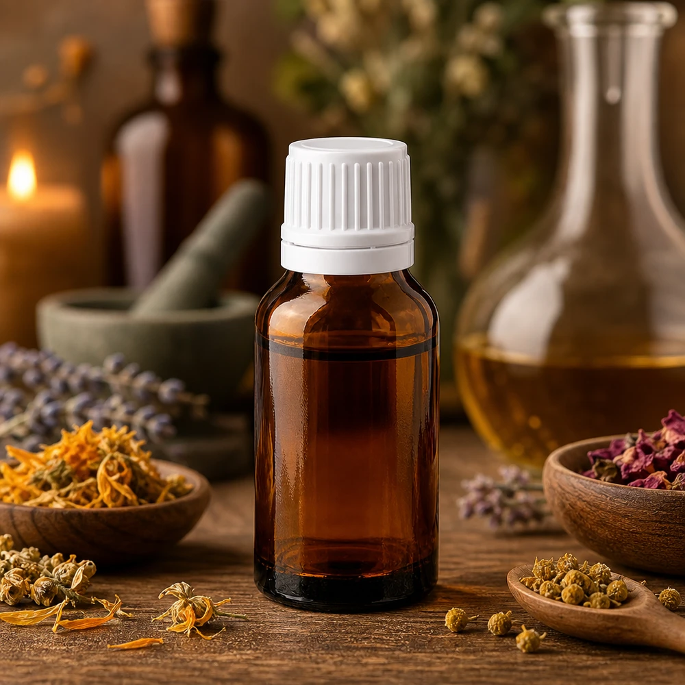 Frasco de farmácia castanho 30ml tampa de rosca branca fecho inviolável Pequeno frasco de vidro castanho de 30 ml com tampa de segurança branca, contendo ervas medicinais secas