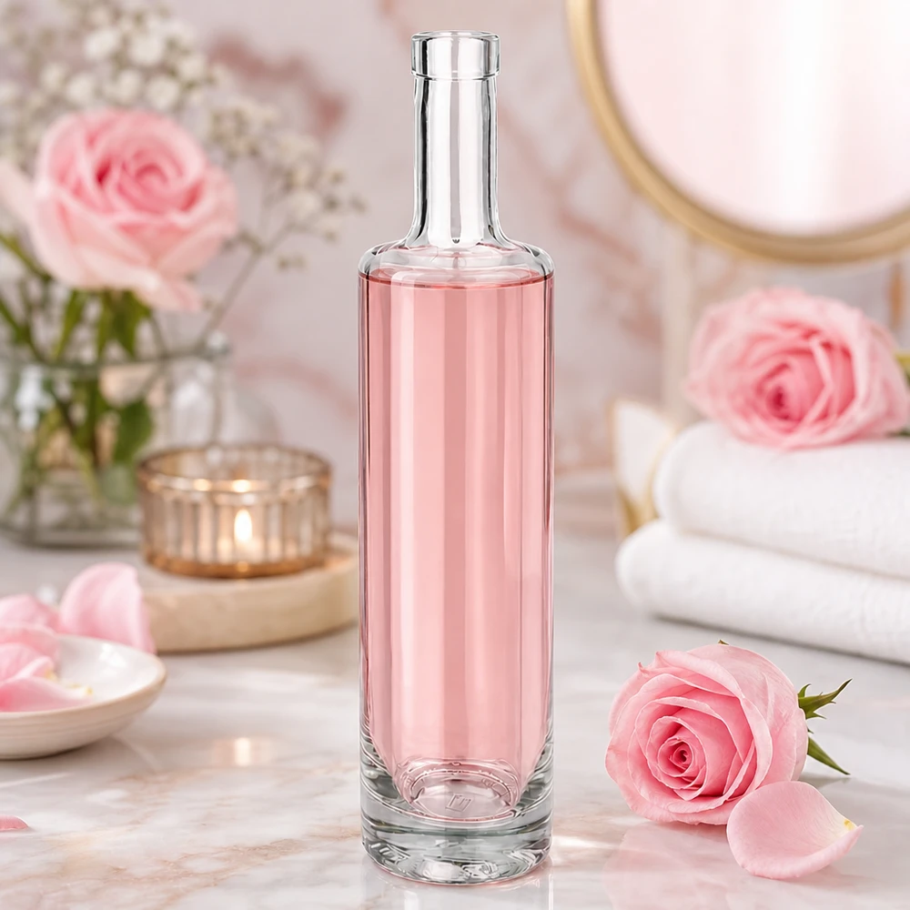 Garrafa de vidro Lina de 500 ml com conteúdo cor-de-rosa num ambiente romântico de spa com rosas cor-de-rosa e decoração de bem-estar