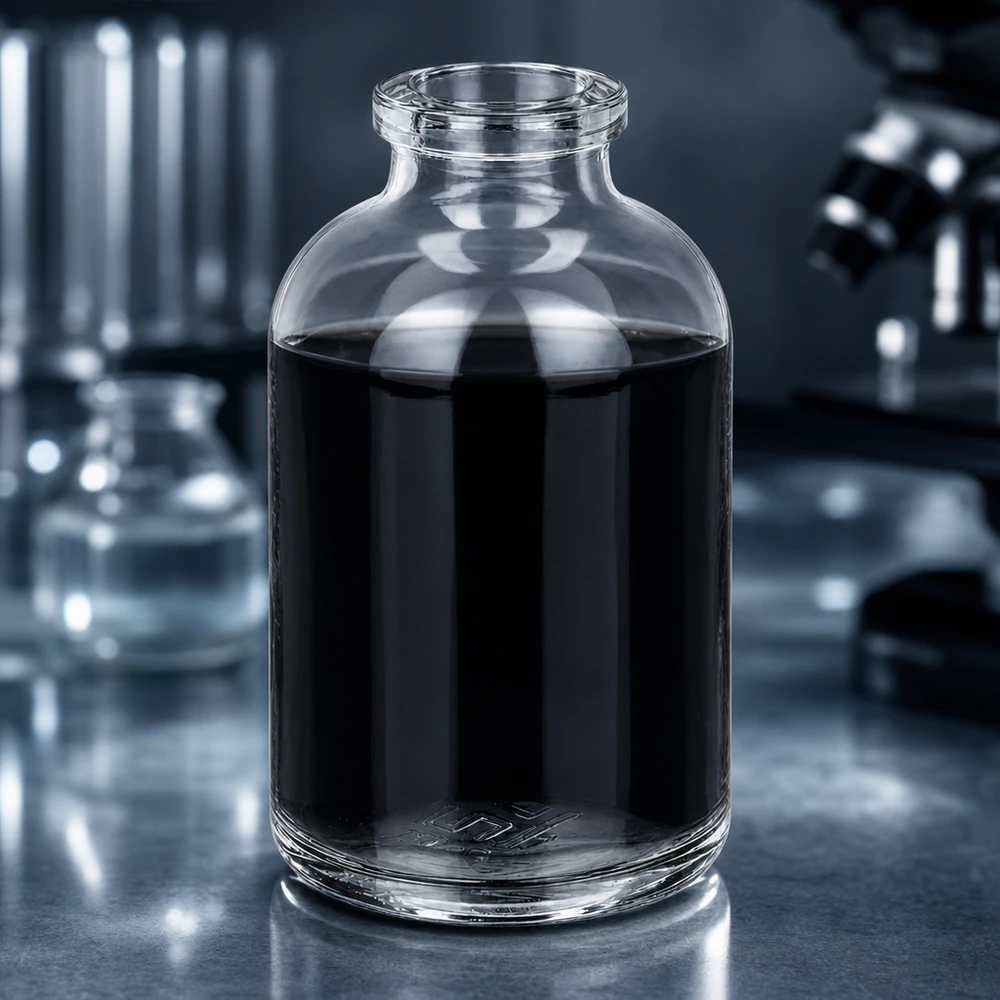 Frasco de injeção de vidro transparente 50ml Hochwertige Klarglas Injektionsflasche 50ml mit schwarzem Reagenz im wissenschaftlichen Labor