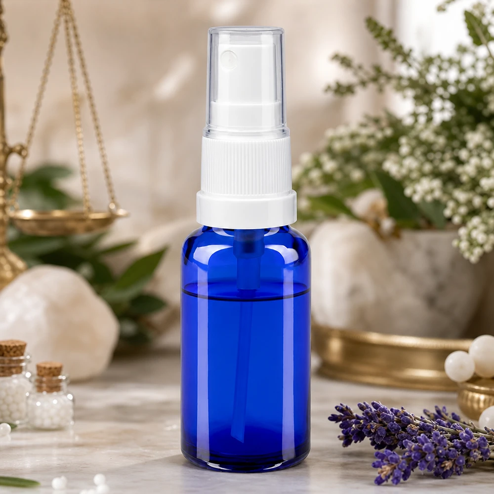 Frasco de spray de farmácia azul de 20 ml com bico de pressão branco, ao lado de lavanda e glóbulos homeopáticos
