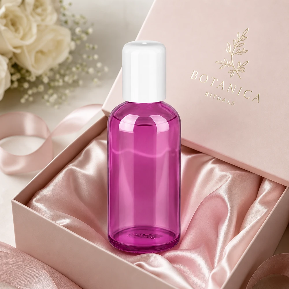 Frasco roll-on transparente de 100 ml em roxo com tampa roll-on prática para uma dosagem fácil