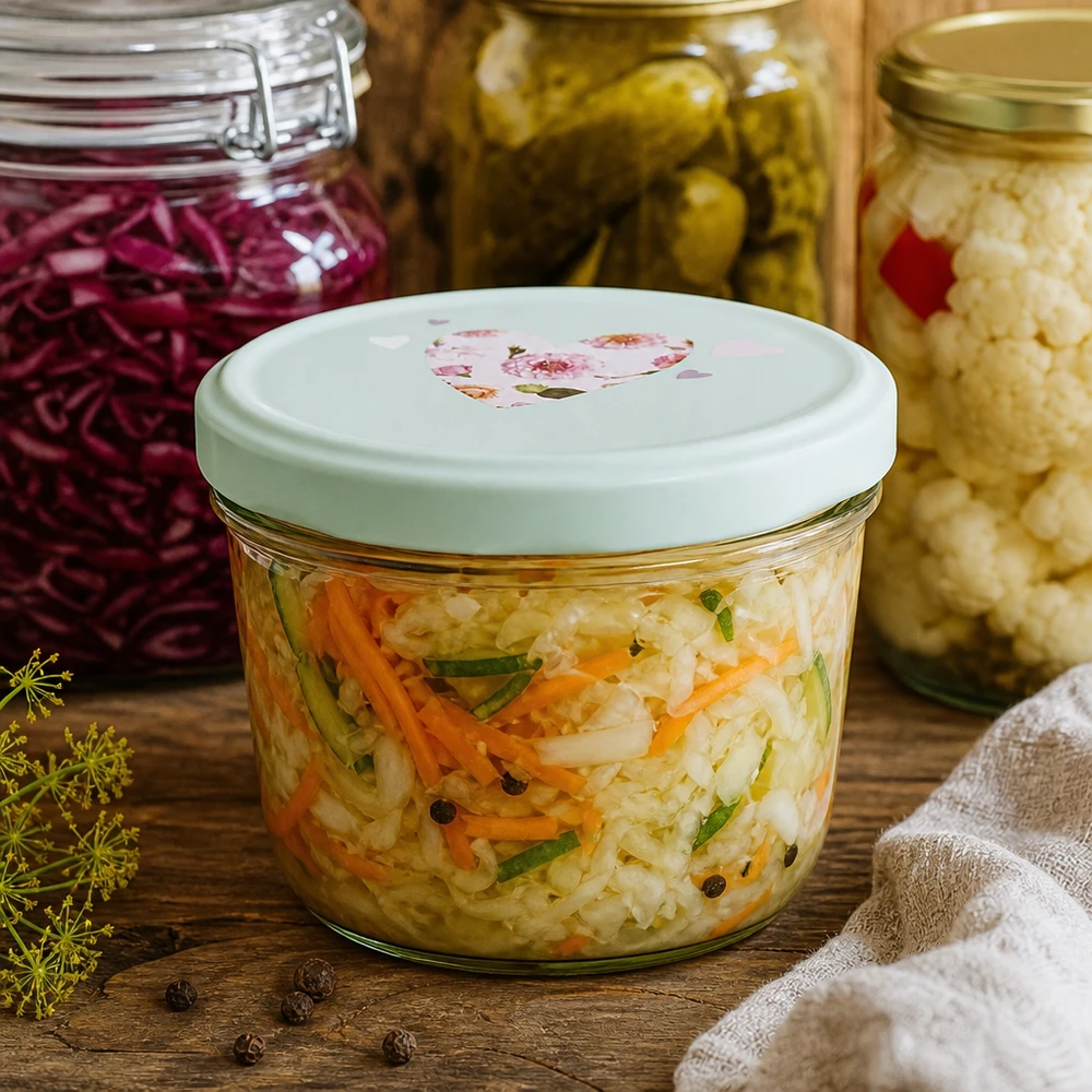 Copos de vidro de 230 ml + tampa BasicSeal coração menta UNiTWIST Legumes em conserva em copos de 230 ml com tampas em forma de coração de hortelã, guardar alimentos fermentados em frascos de conserva