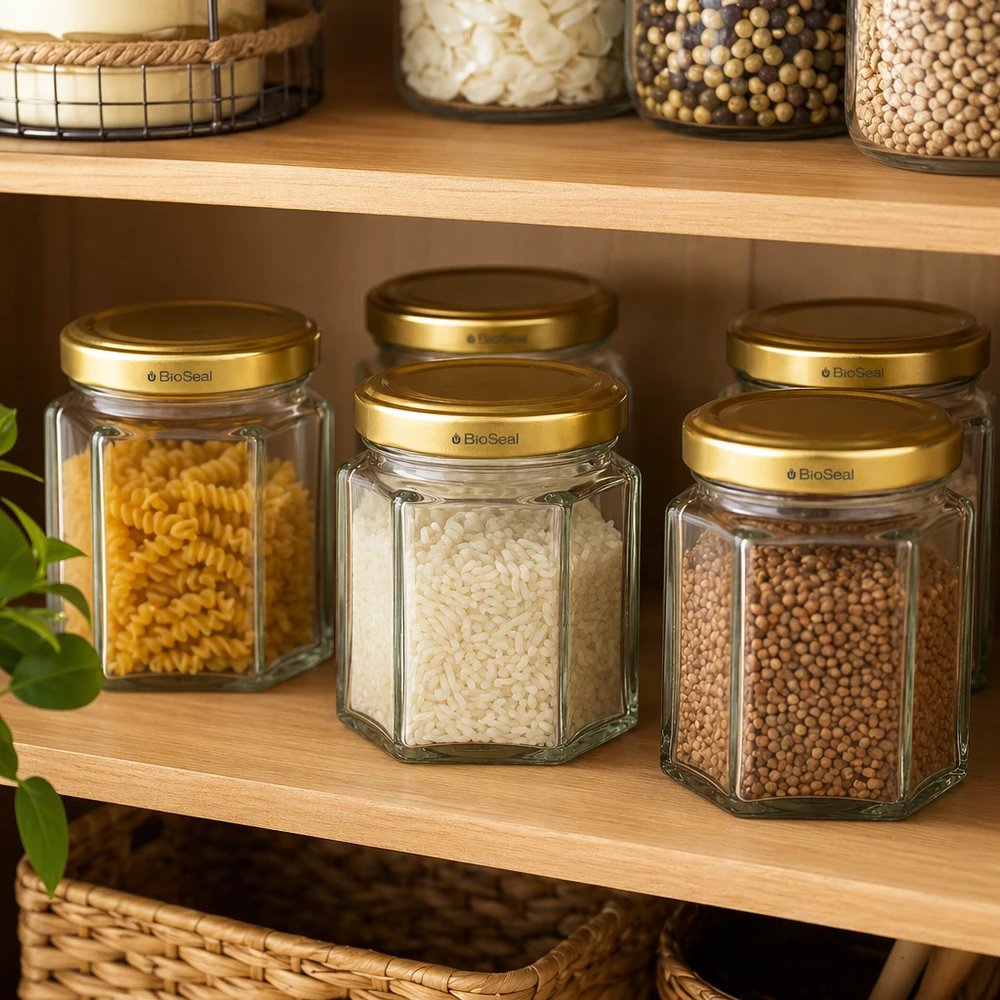 60g Honigglas mit goldenem Deckel BioSeal UNiTWIST Frascos de mel BioSeal 60g com tampa dourada para guardar massa, arroz e especiarias na despensa