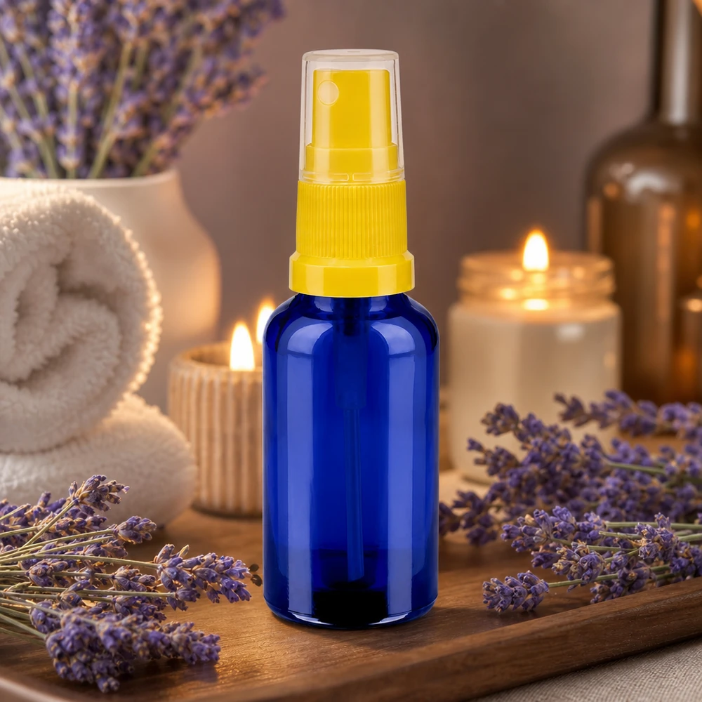 Frasco de spray BlueLine de alta qualidade de 30 ml com cabeça de spray transparente para aromaterapia e bem-estar