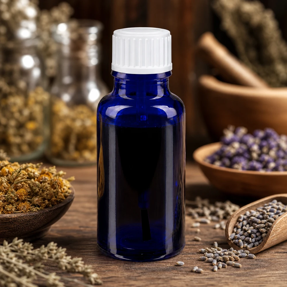 Frasco de farmácia azul de 20 ml com tampa branca, rodeado por lavanda e ervas aromáticas