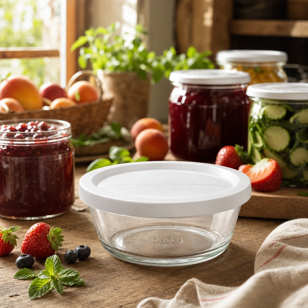 300ml Gourmetglas mit Frisched. WECK RR120 WECK Gourmetglas RR120 in gemütlicher Küche mit Einmachgläsern und frischen Früchten für moderne Vorratshaltung