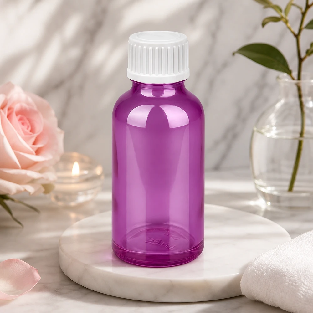 Frasco conta-gotas de 30 ml com tampa de rosca de 0,9 mm branca padrão PurpleLine. UT18/30 Prático frasco conta-gotas de 30 ml em violeta elegante para aromaterapia e cosméticos DIY