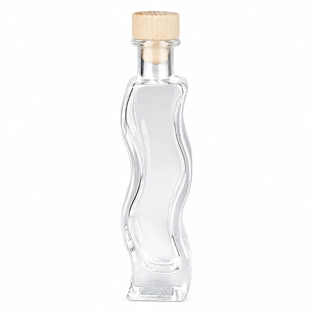 100ml Glasflasche "Melissa" mit Holzgriff-Korken UNiTWIST Garrafa de vidro de 100 ml Melissa com pega de madeira e rolha UNiTWIST forma curva garrafa decorativa transparente vazia