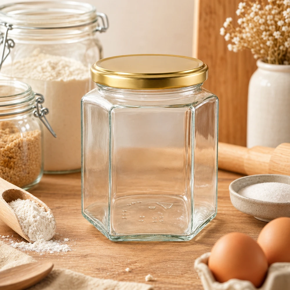 500g Honigglas mit goldenem Deckel BasicSeal UNiTWIST Frasco de mel de 500 g vazio BasicSeal UT hexagonal com tampa dourada num ambiente de cozinha acolhedor Ovos de farinha Madeira
