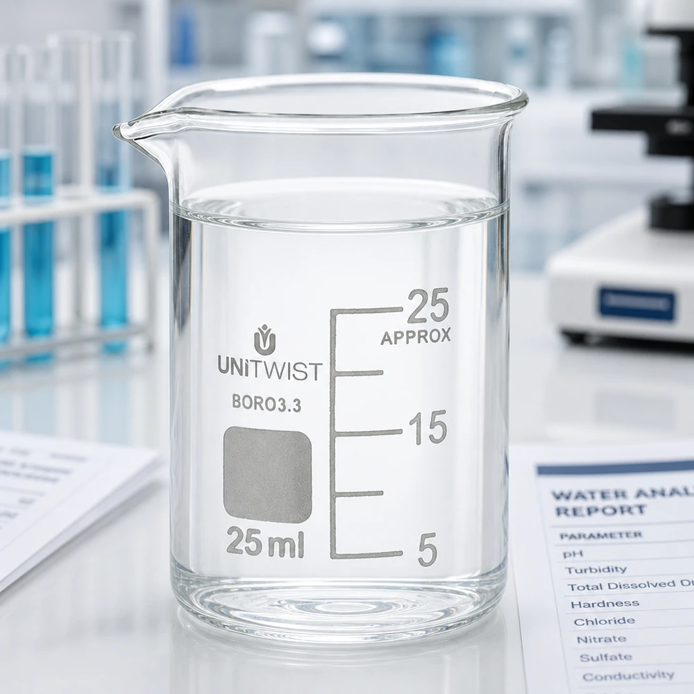 Copo 25 ml de borossilicato, molde baixo UNiTWIST Copo de vidro UNiTWIST de 25 ml, de formato baixo, com relatório de análise da água e microscópio no laboratório