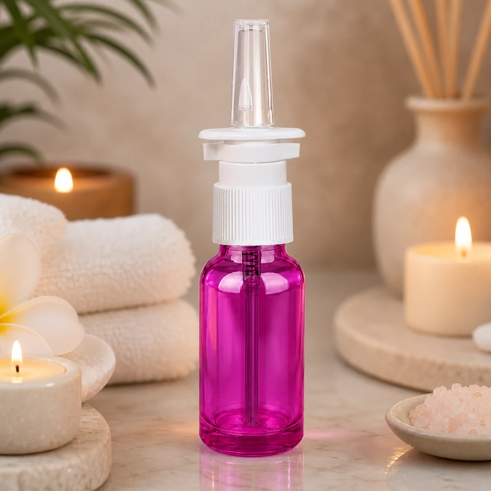 Frasco de spray nasal de 20ml branco/transparente padrão PurpleLine. UT18/20 Frasco de spray nasal compacto de 20 ml com rosca STD em roxo para aplicações médicas