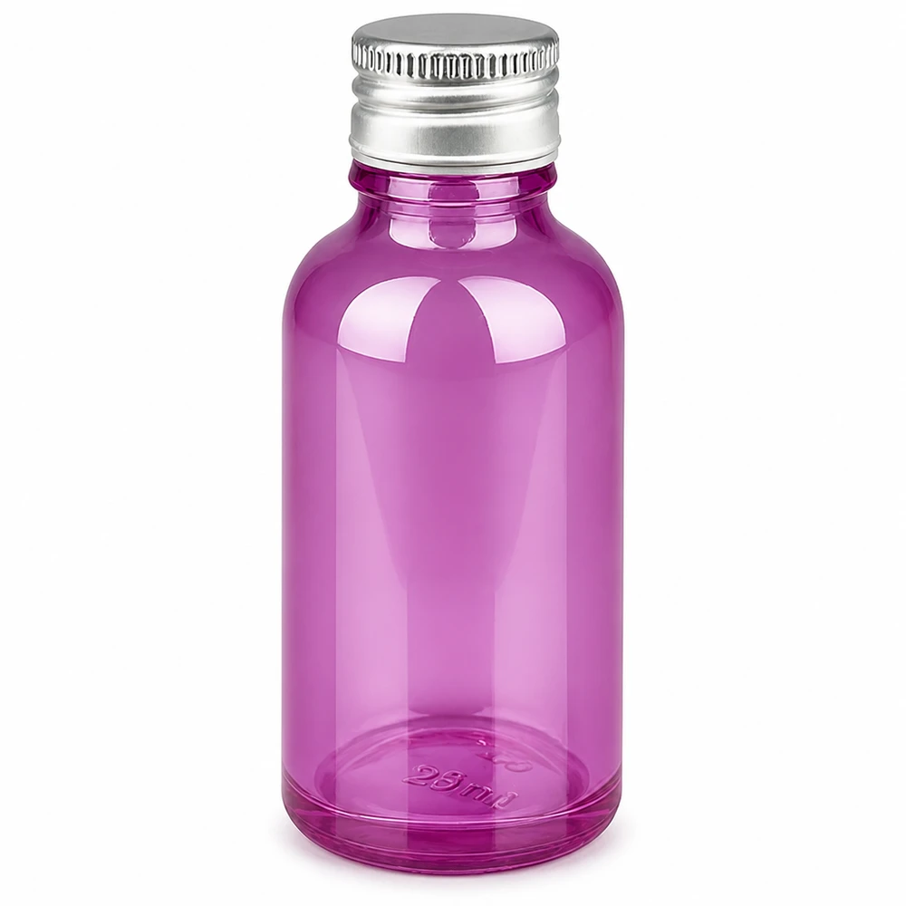 Frasco de 30ml com tampa de rosca de 11mm em alumínio-prata padrão PurpleLine.UT18/30 Frasco de vidro de 30 ml em roxo brilhante com tampa de alumínio prateada de 11 mm