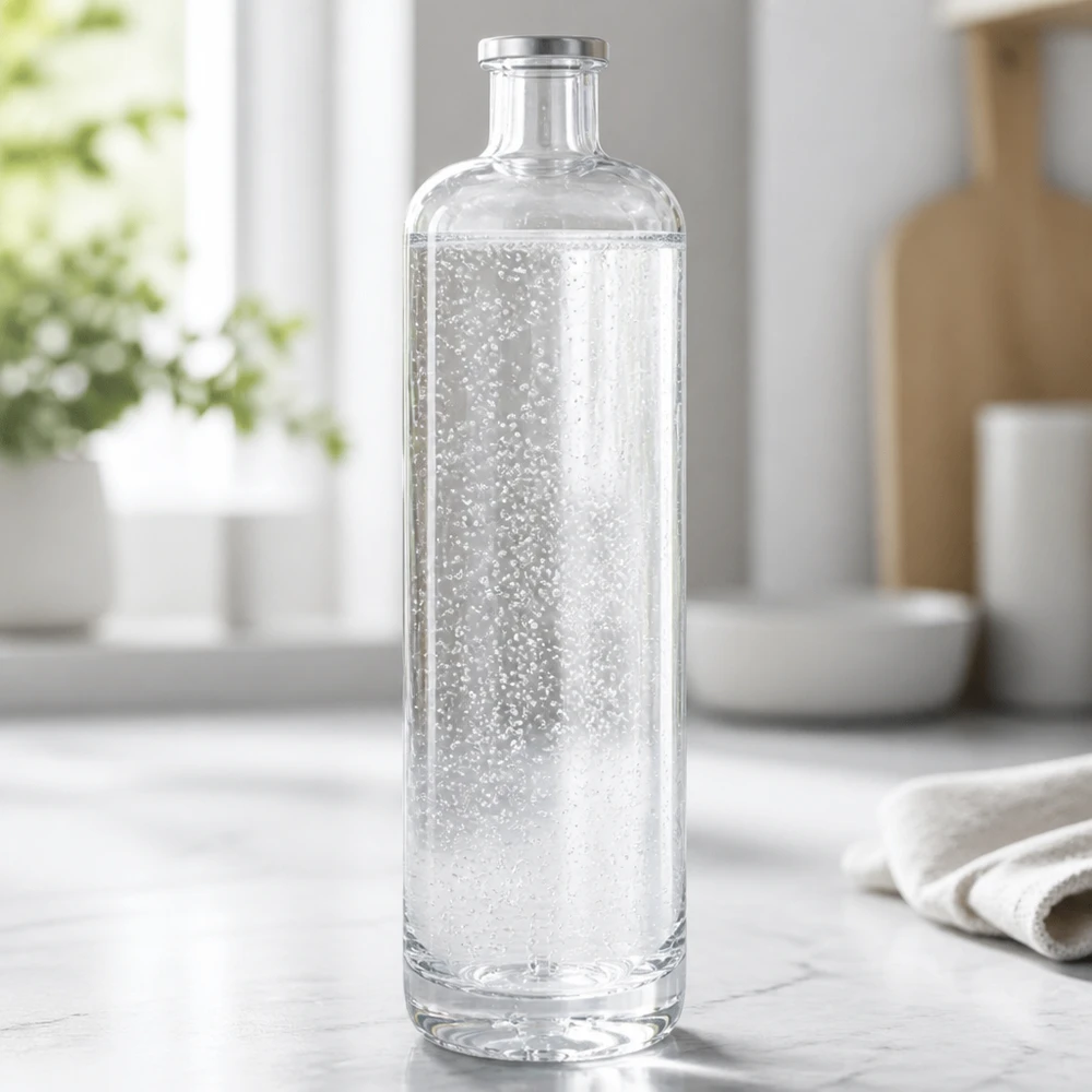 Garrafa de vidro de 700 ml de Ella cheia de água mineral com gás sobre uma bancada de cozinha de cor clara num ambiente moderno