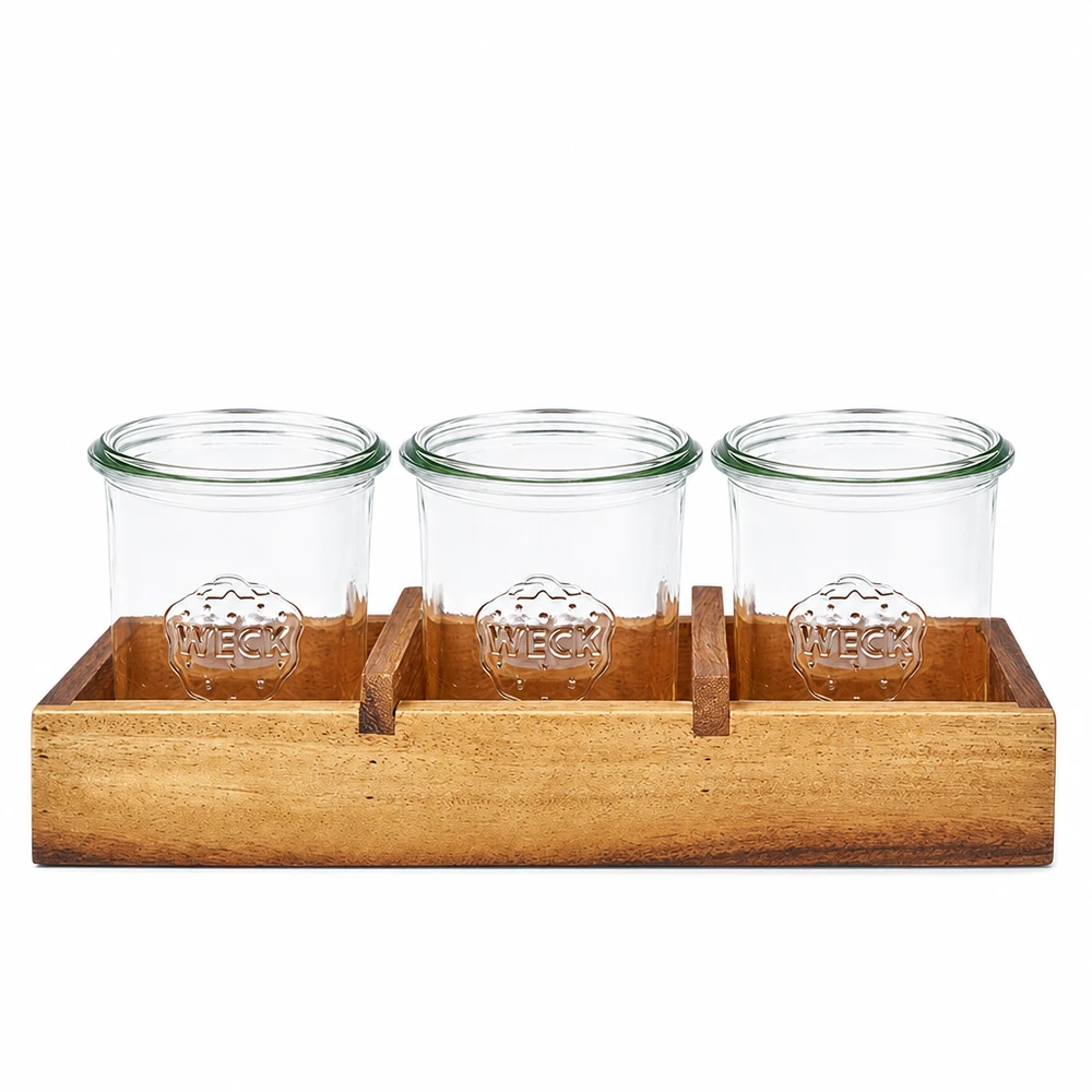 Tábua de servir Box3 madeira de acácia para 3 copos WECK. WECK jarros em madeira de acácia caixa de tábua de servir3 vista frontal três copos em suporte de madeira grão natural