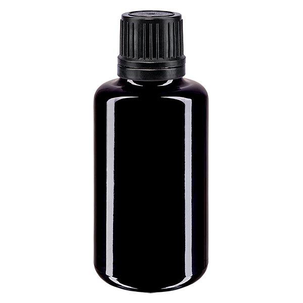 Frasco de farmácia violeta 30ml tampa do conta-gotas derramando anel 1mm preto fecho inviolável