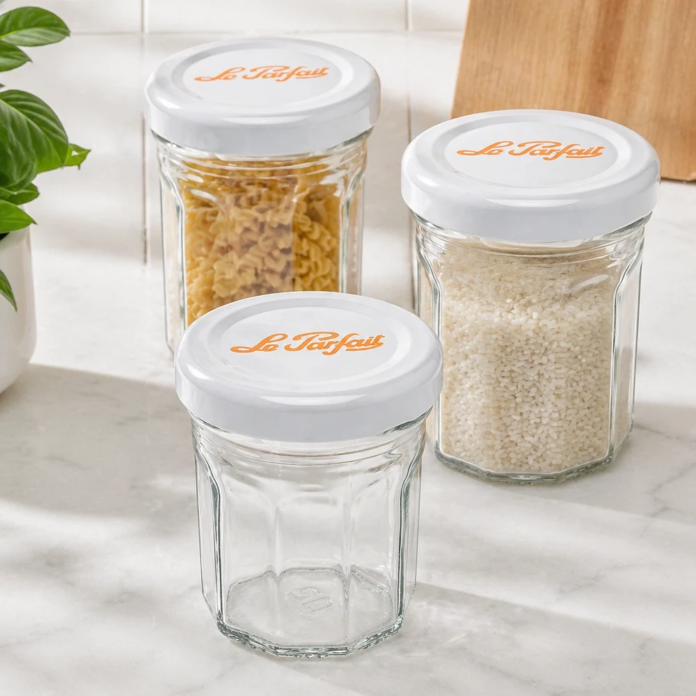 Conjunto de mini copos Le Parfait de 44 ml com tampas brancas - um vazio e dois cheios de arroz e massa