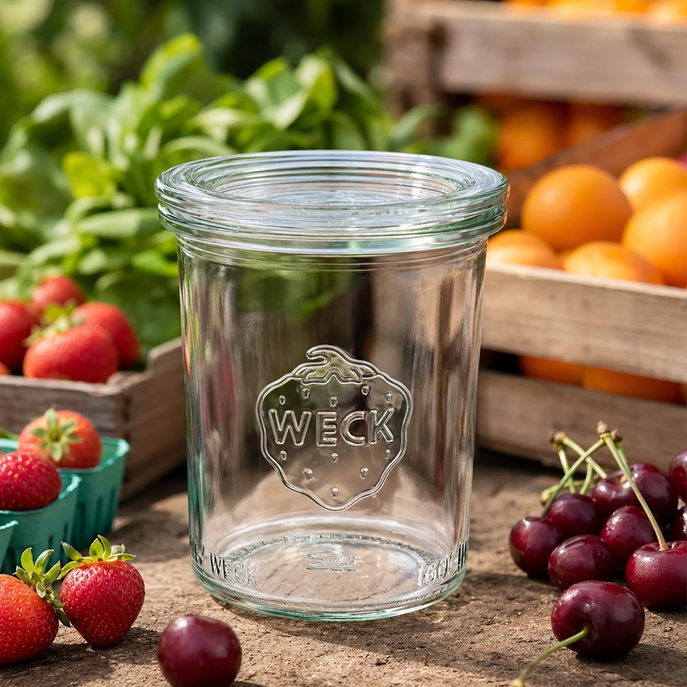 Frasco de vidro WECK RR60 de 160 ml vazio sobre uma mesa de madeira com cerejas, morangos e laranjas frescas para conservar