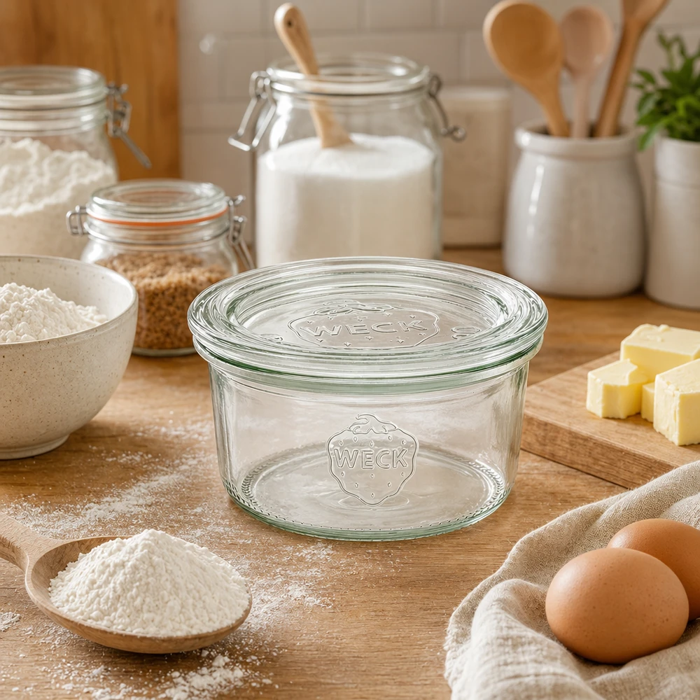 Frasco de vidro WECK 165ml RR80 vazio sobre uma tábua de madeira, rodeado de ingredientes de pastelaria, como farinha, ovos e manteiga, na cozinha