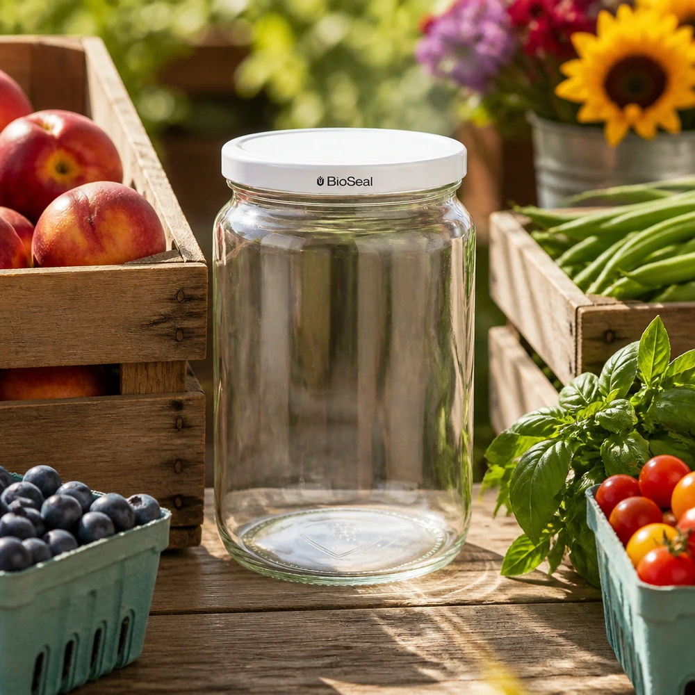 UNiTWIST Runda795 frasco de conserva vazio com tampa BioSeal branca em cima de uma mesa de madeira entre frutas e legumes frescos