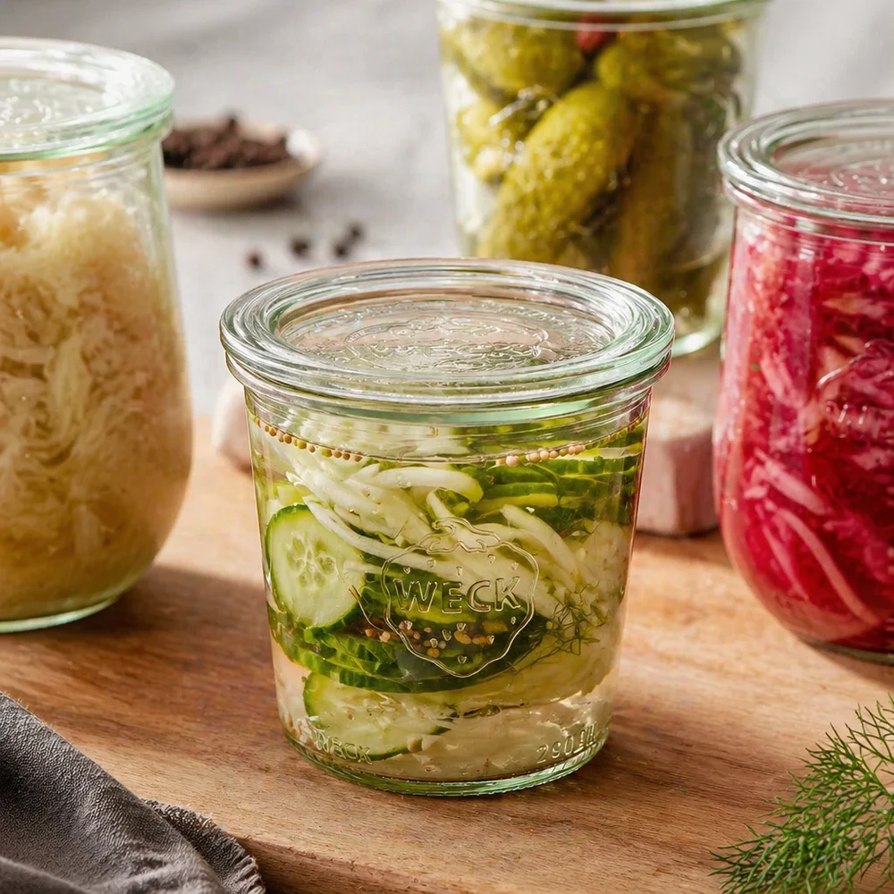 290ml Sturzglas hoch mit Glasdeckel WECK RR80 Frasco de vidro de 290 ml RR80 da WECK com pepinos em conserva e ervas aromáticas ao lado de outros frascos de conserva cheios sobre uma tábua de madeira