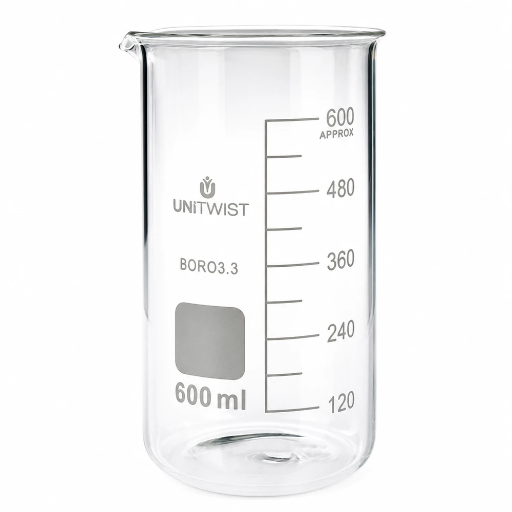 Copo de laboratório de 600 ml, de formato alto, em vidro borossilicato da UNITWIST, com escala em mililitros, transparente