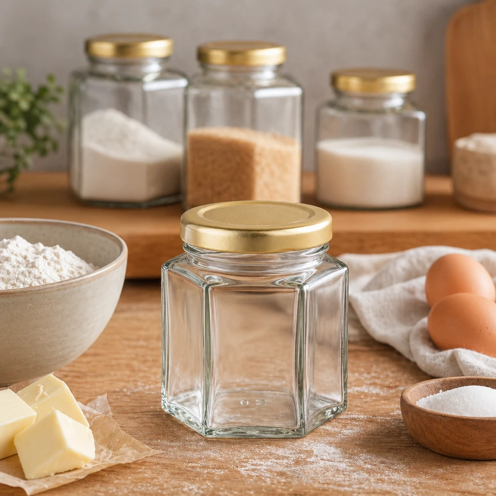 Frasco de mel de 60 g hexagonal vazio numa cena de cozinha com ingredientes de pastelaria, farinha, ovos, manteiga e frascos de armazenamento